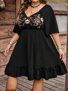 SHEIN CURVE+ Đầm nữ dáng ôm US22, kiểu Bohemian, cổ vuông, tay bồng, thêu họa tiết, thích hợp cho kỳ nghỉ biển và lễ hội âm nhạc. - màu đen - Xem 4