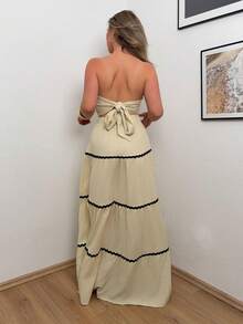 Jeta Ari 2 件套女士优雅短款抹胸上衣和裙子套装 - 杏色 - 查看 2