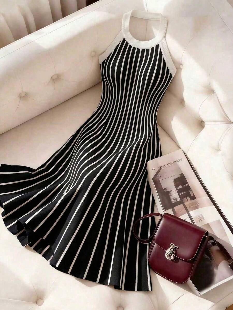 Franclia Women's Striped Elegant And Fashionable Halter Knit Dress - Black - View 1