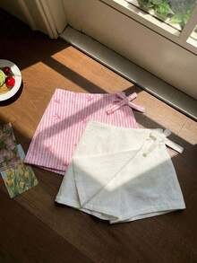2件套女婴时尚编织粉色蝴蝶结条纹白色纹理刺绣面料休闲短裤套装，适合度假；女婴撞色条纹纸袋腰短裤，带蝴蝶结装饰，适合夏季派对；2件套女婴裙子，女婴夏季服装裙装。 - 彩色 - 查看 1