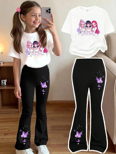 Set de 2 piezas de camiseta de manga corta con estampado de mariposa y letra del grupo virtual de chicas jóvenes y pantalones acampanados negros, adecuado para uso diario
