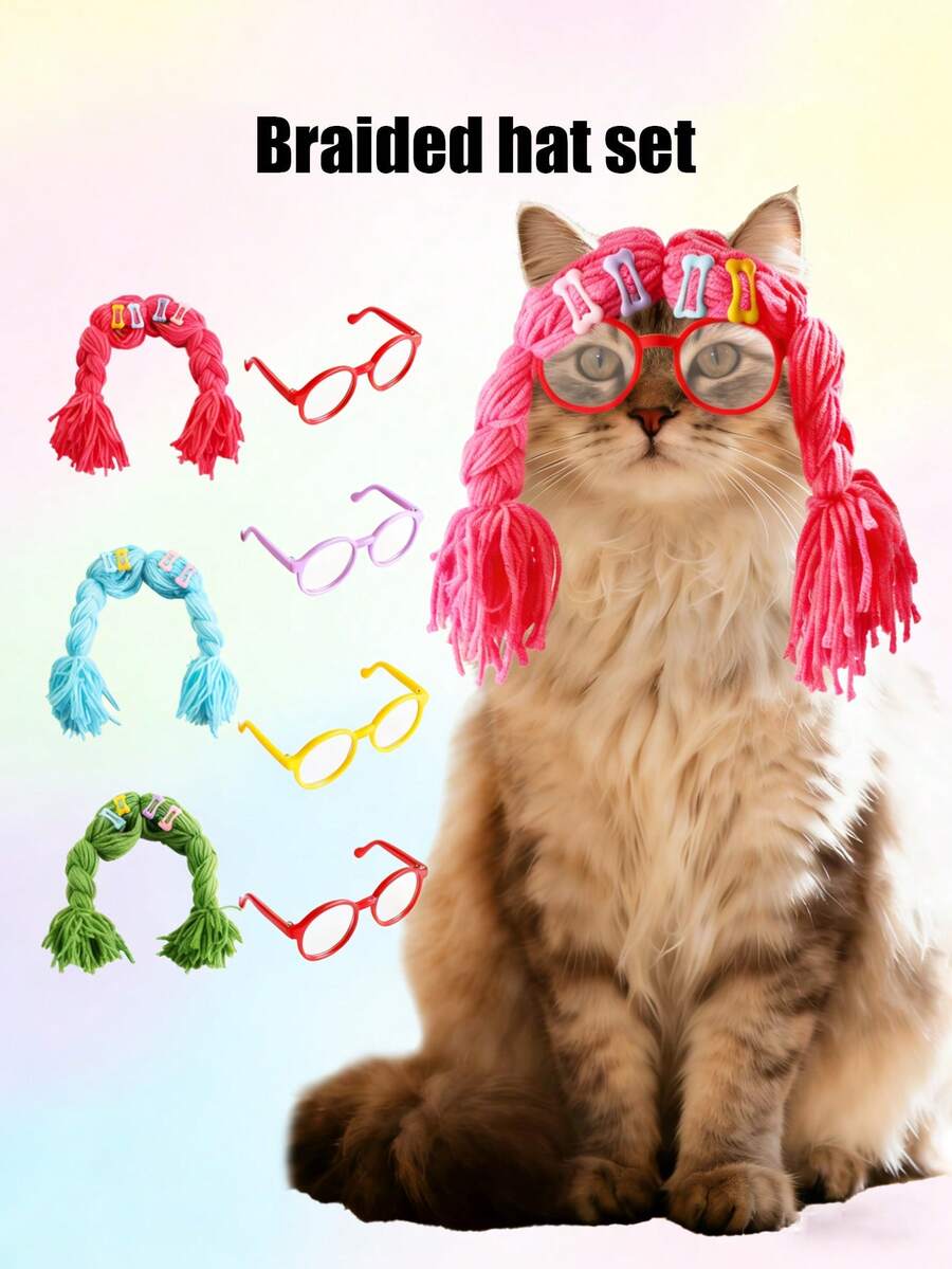 PETSIN 1 件猫耳针织帽,小型犬适用,趣味可爱狗狗装饰帽,宠物趣味装饰假发帽,宠物装饰配件,宠物 - 彩色 - 查看 1