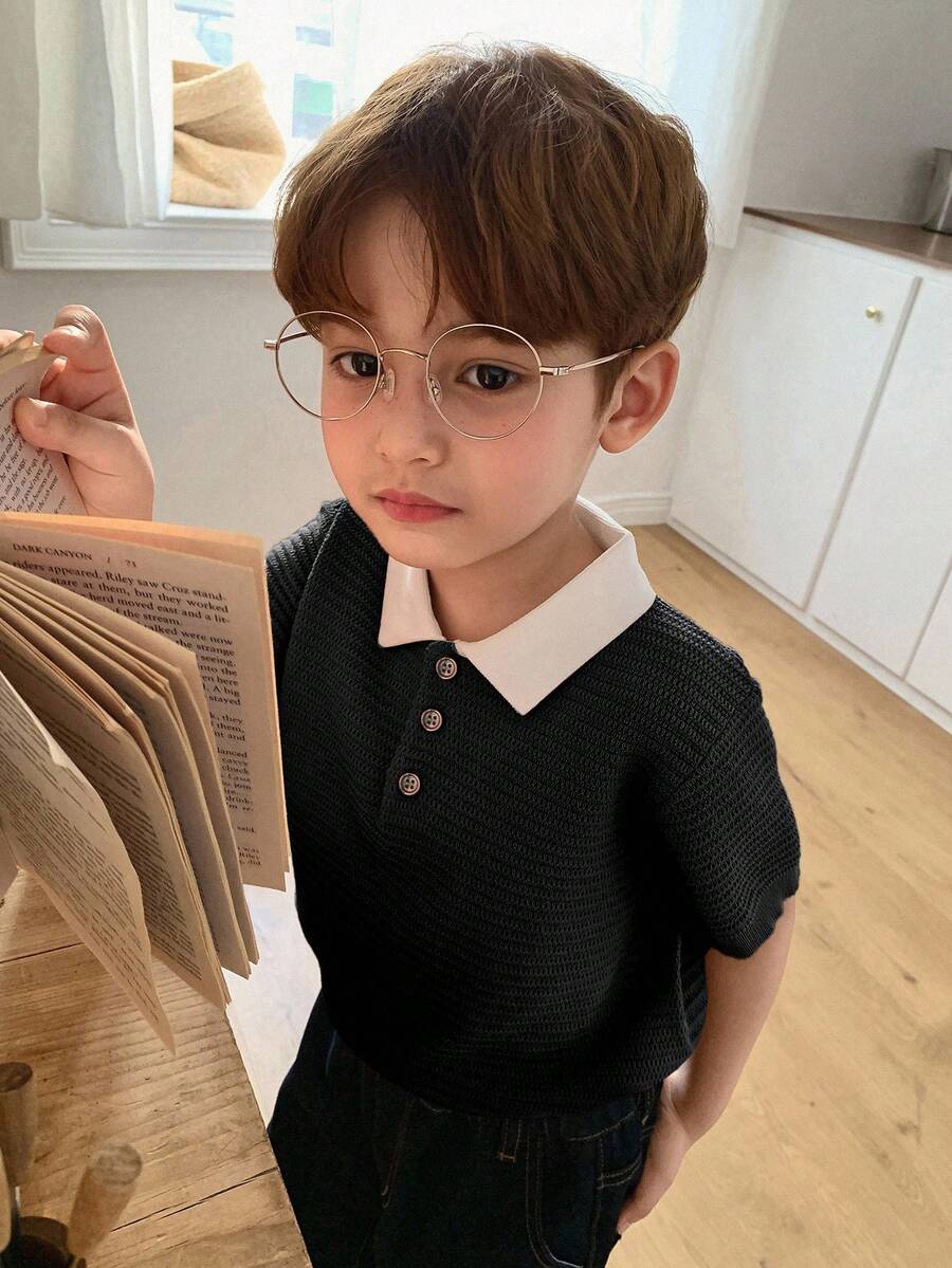 DAZY Young Boy Colorblock Polo Collar Short Sleeve Casual Sweater Summer - Black - View 1
