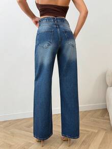 100% Cotton Low Waist Dry Process Wash Detailed Wideleg Jean - Medium Wash - View 2