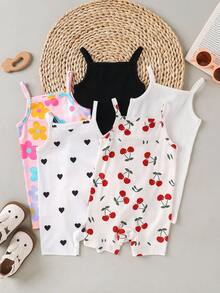 SHEIN 5pcs/Set Baby Girls Spaghetti Strap Romper Floral Heart Cherry Print Sleeveless One Piece For Summer Cute Baby Girls Summer Romper With Spaghetti Straps And Various Prints Including Floral Cherry Heart Happikins Cute Cherry Print, "Cherry Girl" Baby Girl Casual Romper, Suitable For Spring & Summer, Relaxing Vacations, Beach Weekends, Cute Summer Outfits For Summer Baby Girl Items, Korean Style, Beach Mode On, Summer Outing Items - Multicolor - View 2