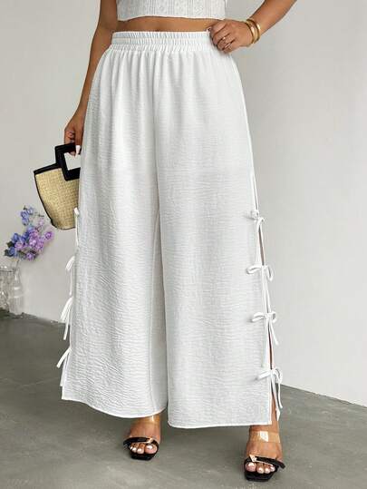 Firerie Quần ống rộng màu trơn dành cho nữ, cạp chun, có nơ trang trí.