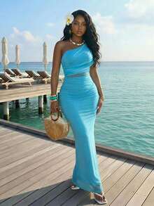 Slaydiva New Early Spring, Spring And Summer Music Festival, Valentine's Day, Easter, Bohemian Style, Nomadic Style, Casual, Simple And Basic, Cruise Party, Birthday Party, Daily Date, Casual Vacation, Elegant Commuting, Off-The-Shoulder, Single-Shoulder, Off-The-Shoulder, Slimming Long Dress, Sky Blue Dress, Gauze Dress, Women's Extra-Long Dress -A - Mint Blue - View 1