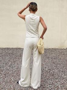 DAZY 女士休闲白色圆领短袖上衣和牛仔裤套装，夏季度假装 - 白色 - 查看 2