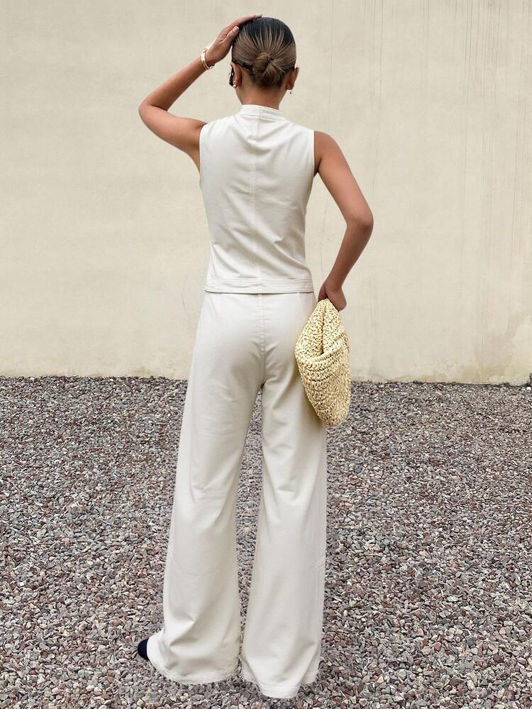 Women's Casual White Round Neck Short Sleeve Top And Denim Pants Set, Summer Holiday Outfit