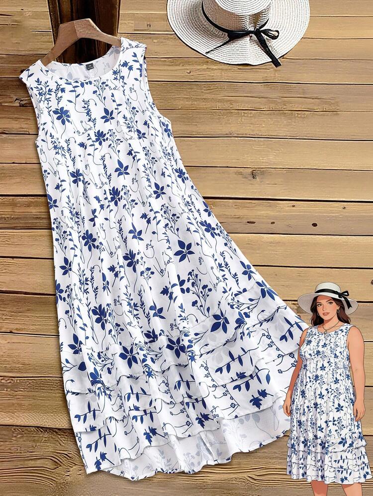 Plus Size Women Floral Print Sleeveless Casual Vacation Dress,Spring Outfit Women,Beach Vacation Outfits For Women,Going Out Outfits,Casual Dresses For Women,Vacation Outfits Women,Floral Dresses For Women,Spring Dresses,Floral Dress For Women Women Sundress Sun Dress Women Summer Dresses For Women High Low Dress For Women Resort Wear Women Vacation Dress Sleeveless Ruffle Dress Floral Print Sundress Plus Size Floral Dress White And Blue Floral Dress Midi Dress Tiered Dress Floral Print Dress Sleeveless Dress Beach Dress Outfit For Women Sleeveless Summer Dress Women's Casual Dress Women's Summer Dresses Tiered Ruffle Dress Women's Beach Dress