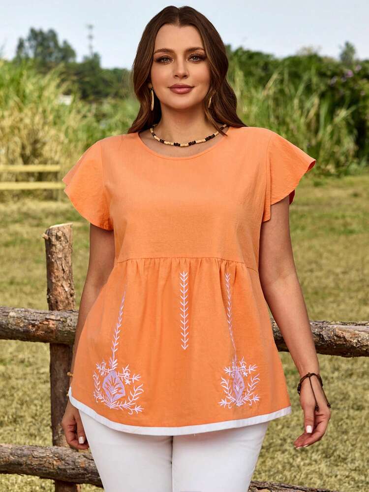 Plus Size Women's Summer Casual Vacation Country Floral Embroidered Butterfly Sleeve Orange Blouse Top Shirt,Summer Outfits For Women ,Vacation Outfits Women ,Holiday Outfits For Women,Going Out Outfits,2026 New Clothes,Simple And Fashionable For Everyday Wear,Suitable For Summer, Vacation, Daily Wear, Festival Outfits For Women,Country Concert Outfit,Beach Outfits For Women,Western Style,Going Out Tops