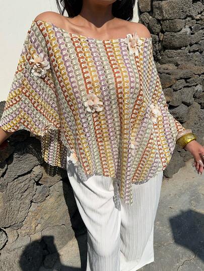 Sunnyshic Plus Size Women's Summer New Oblique Shoulder Bohemian Style Asymmetrical Cape Poncho Top