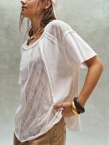 Bohemela Áo thun nữ dáng rộng tay ngắn, cổ tròn, màu trơn, phối ren, kiểu dáng thường ngày. - trắng - Xem 4