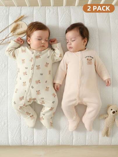 SHEIN 2件套新生儿男女通用连体衣，棕熊印花长袖圆领连体衣，适合春秋季穿着