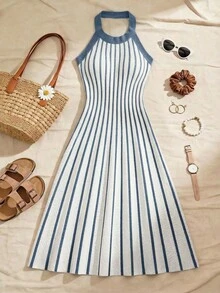 Franclia Women's Elegant Commuter Striped Backless Halter Neck Knit Dress, Summer - Blue and White - View 7