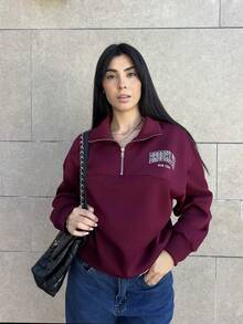 Hitanina 女士宽松半拉链字母印花卫衣，带保暖内衬 - 酒紅色 - 查看 5