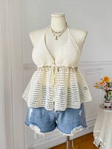 Comfortcana Plus Size Women's Knit Spring/Summer Fashion Sexy Tie-Front Cardigan With Shell Decor, Casual Solid Color Vacation Style Top - Apricot - View 4