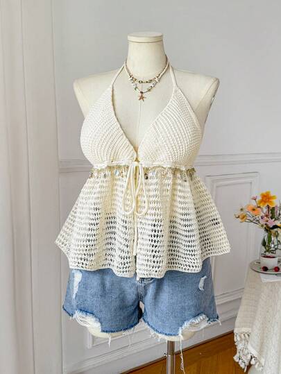 Comfortcana 大码女式针织春夏时尚性感系带开衫，饰有贝壳图案，休闲纯色度假风上衣