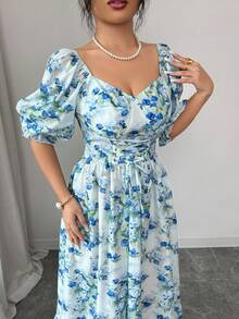 Elenzga Women's Elegant Fashion Commuter Casual Comfortable Charming Retro Minimalist High-End High-End Gentle Lady Palace Square Collar Puff Ruffle Sleeve Front Criss-Cross Tie Waist Slimming A-Line Dress (Random Print) - Blue - View 9