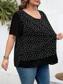 SHEIN CURVE+ قميص كاجوال بأكمام قصيرة وياقة مستديرة للنساء ذوات الأحجام الكبيرة مطبوع بنقاط بوهيمي لموسم الربيع، مناسب لحفلات الموسيقى والعطلات الساحلية، المقاس الأمريكي 22 - الأسود - مشاهدة 10