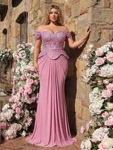 Glamrae Đầm maxi dáng đuôi cá màu hồng sen thanh lịch, lãng mạn, trễ vai, xuyên thấu, viền xương cá, phù hợp cho hẹn hò, kỳ nghỉ, tiệc độc thân, đám cưới, tựu trường và mọi dịp trang trọng. - Hồng - Xem 3