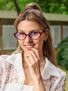 1副女士休闲复古猫眼红色小框素面眼镜，适合日常佩戴和街拍 - 多色 - 查看 15