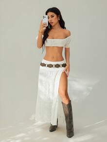 SHEIN PETITE Women's Vintage Solid Color Textured High Slit Skirt, Summer - White - View 6