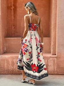 Selianne 女士优雅时尚通勤休闲舒适迷人复古简约浪漫假日无袖露背收腰褶皱显瘦数码印花长裙（随机印花） - 彩色 - 查看 2