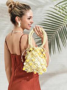 SHECARRY Una bolsa de cuerda de red de pescado beige calada/bolso de hombro/bolso de mano para mujeres, decorada con lentejuelas y brillo, adecuada para vacaciones de primavera y verano en la playa, fiestas en la playa y citas. - Beis - Ver 1