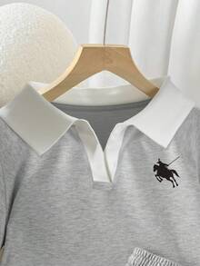 INAWLY 2 件女式撞色边刺绣短袖上衣和抽绳腰短裤套装 - 灰色 - 查看 4