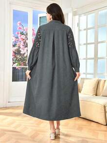 SHEIN Lacomfia 女士衬衫裙，立领长袖，刺绣镂空蕾丝拼接，宽松舒适优雅日常百搭大码阿拉伯风格 - 灰色 - 查看 2