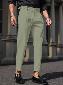 Manfinity Mode Men's Solid Color Pleated Slant Pocket Casual Pants, Formal - Army Green - View 3