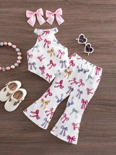 SHEIN 女宝宝可爱度假休闲针织蝴蝶结吊带背心和喇叭裤套装