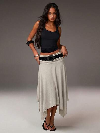 Athîral Women's Casual Solid Color Asymmetric Hem Skirt