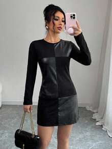 Cloudara Contrast Panel PU Leather Dress - Black - View 5