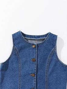 SHEIN Conjunto de jeans para meninas pré-adolescentes, modelo verão, estilo europeu e americano, sem mangas, cintura alta, com regata e shorts em jeans azul escuro, conjunto de duas peças, ideal para uso casual, esportivo, diário, básico, para férias e verão. Conjunto de jeans infantil para meninas. - Lavagem escura - Ver 6