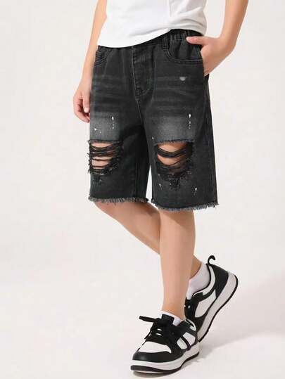 2026春夏新款男童做旧牛仔短裤，宽松休闲款，适合日常穿着、上学、聚会、居家、度假、节日等场合。