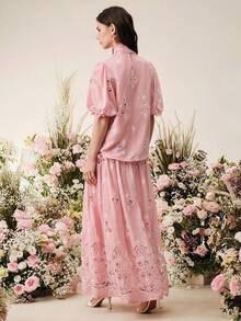 Anewsta Spring/Summer New Romantic Vacation Style Bowknot Hollow Embroidered Blouse + High Waist A-Line Hollow Embroidered Skirt 2-Piece Set For Women - Pink - View 5