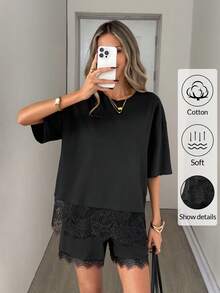 Easowa Bộ 2 món gồm áo thun cổ tròn tay ngắn màu đen bằng cotton và quần short lửng viền ren dành cho nữ, thích hợp cho trang phục thường ngày, lãng mạn hoặc đi nghỉ mát. - màu đen - Xem 3