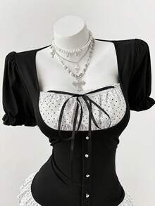 Sunspun 大码夏季休闲波点印花拼接T恤 - 黑與白 - 查看 4