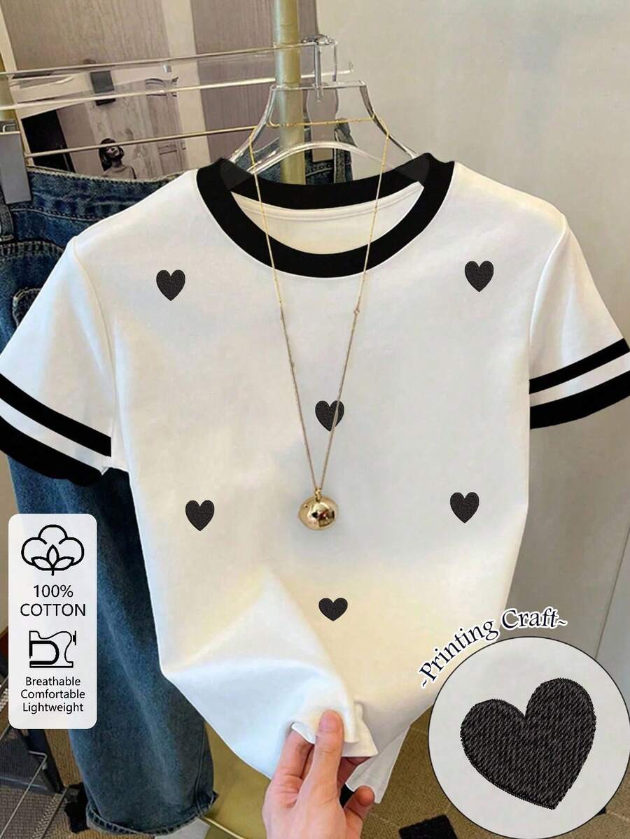 Resyla 女士100%纯棉爱心印花图案休闲撞色黑白条纹圆领T恤 - 彩色 - 查看 1
