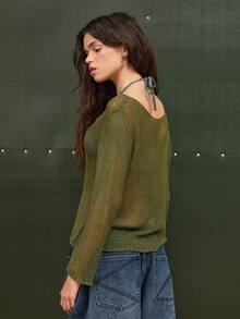 COUREZ SLASH NECK OPEN HOLE KNITTED SWEATER - Green - View 3