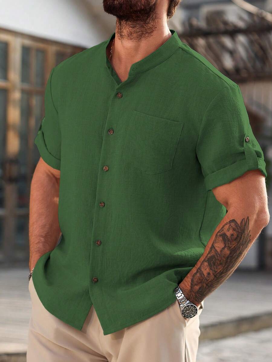 Manfinity Homme Plus Size Men's Solid Color Single-Breasted Casual Pocket Short Sleeve Shirt - Green - View 1