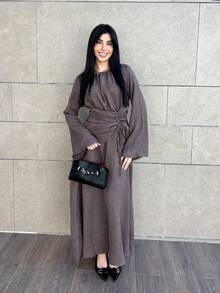 Hitanina 女式纯色船领喇叭袖褶饰腰时尚长裙 - 咖啡棕 - 查看 6