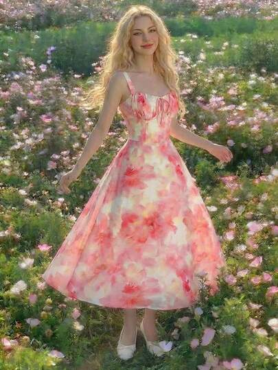 SHEIN MOD Women's All-Over Print Twist Bust Ruched Cami Midi Dress, Summer, Festival Outfits For Women, Women's Floral Print Maxi Dress Sweetheart Neck Tie Front Sleeveless A-Line Dress For Summer, Floral Dress, Garden Party Dress, Party Dress, ,French Style Dress, Vacation Dresses, Wedding Guest Dress For Women, Beach Dresses, Graduation Dress, Floral Dress, Easy-To-Wear Style, Romantic, Elegant,  Evening Dresses For Women