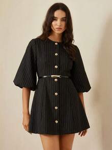 Vestido de punto de espiguilla de manga farol elegante, diseño de moda, calidad de alta gama - Negro 2 - Ver 6