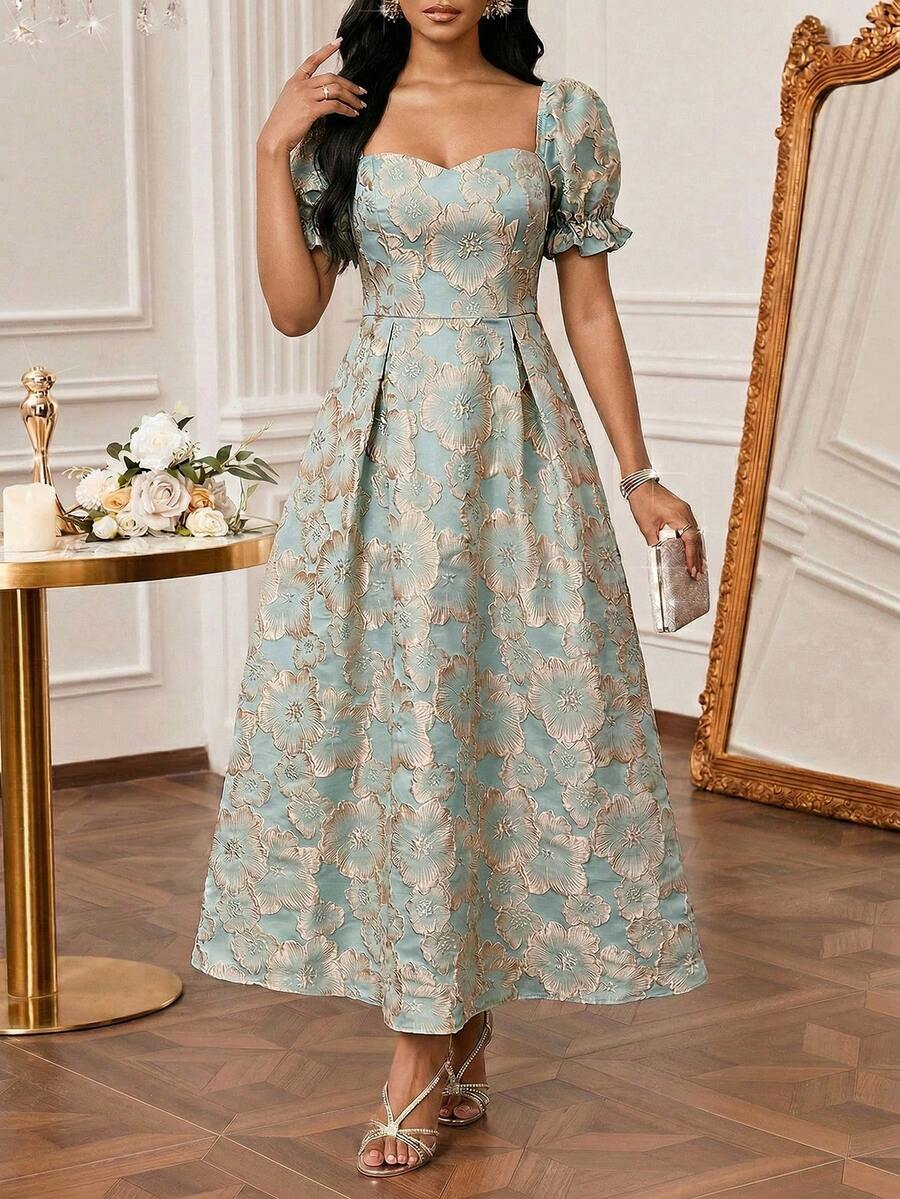 SHEIN Lady 女士优雅提花花瓣袖褶皱腰部喇叭下摆派对连衣裙，夏季 - 彩色 - 查看 1