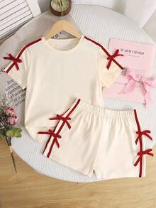 SHEIN 2pcs Tween Girl Striped Round Neck Short Sleeve T-Shirt And Shorts Set,Kids - Apricot - View 5