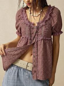Bohemela 女士休闲格纹花瓣袖V领宽松衬衫 - 彩色 - 查看 7