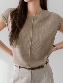 Dazy Tall Áo vest nữ dáng dài, cổ tròn, tay ngắn, chất liệu dệt kim gân, thiết kế xẻ tà thanh lịch. - Màu Khaki - Xem 3